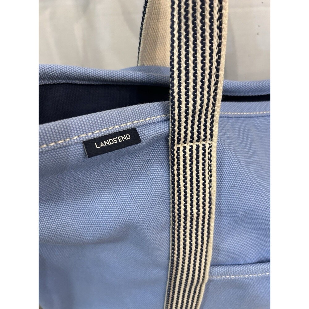 Lands' End Cotton Canvas Medium Tote Bag 5 Pockets Zip Closure Light Blue/Navy - Picture 12 of 12